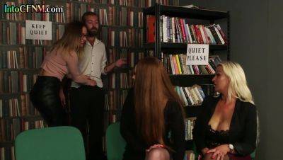 CFNM library femdoms suck cock in group BJ and HJ action - hotmovs.com - Britain
